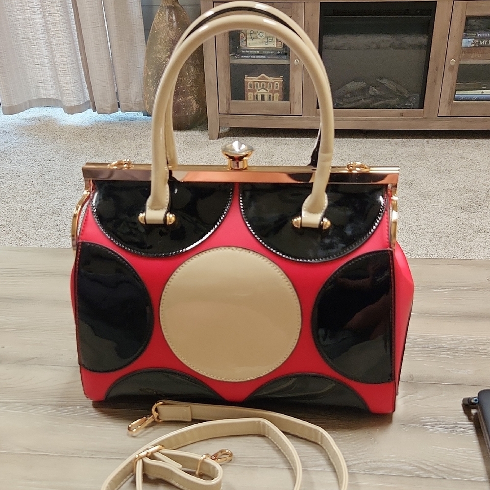 Unique Vintage Black, Red, and Cream Satchel